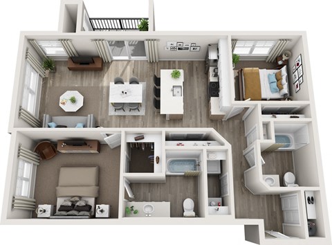 a 3d rendering of a 2 bedroom floor plan